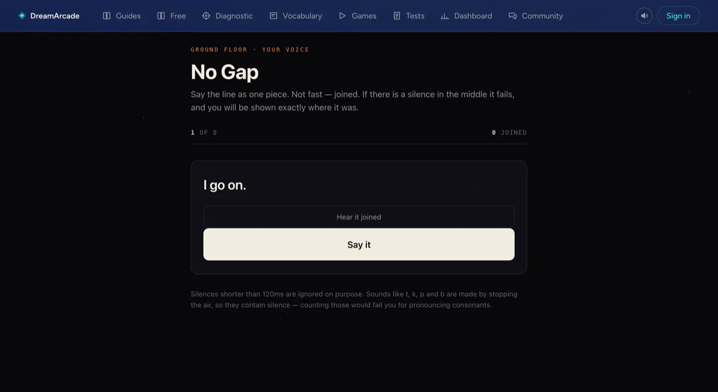The No Gap exercise: a sentence with Hear it joined and Say it buttons