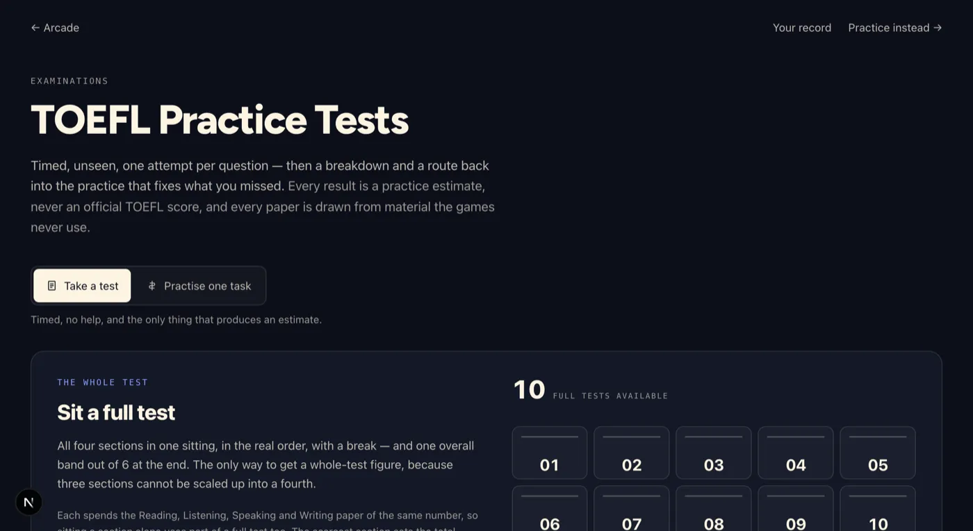 The practice test list, showing which papers you have used