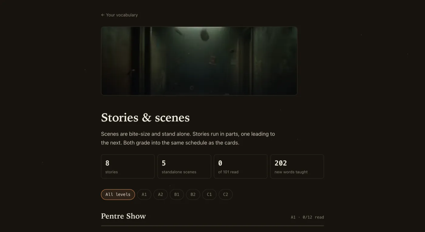 The story library, showing stories and scenes with level filters