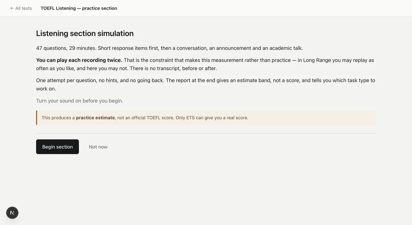 A timed Listening section in progress, showing the clock and question count