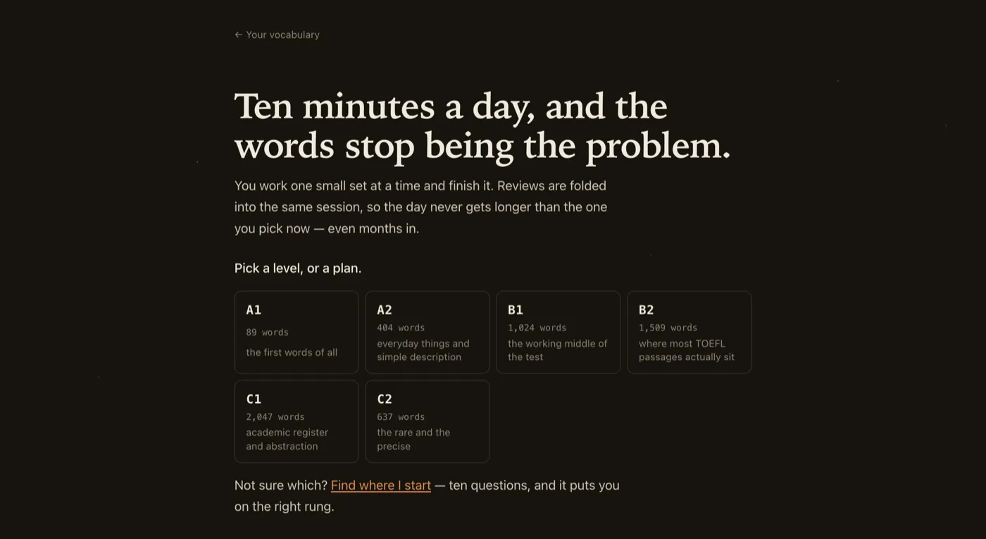 The vocabulary level and plan picker, with word counts per level